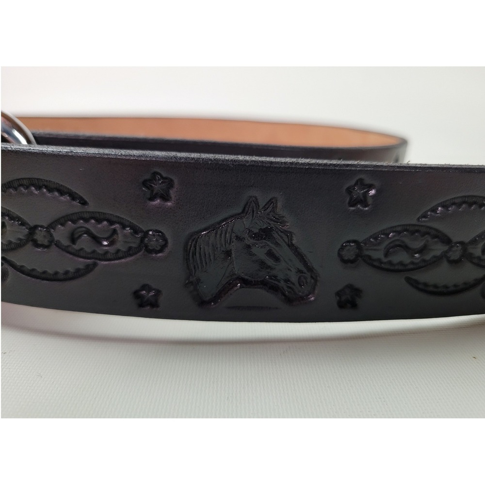 Dennis Knight Black Tooled Leather Horse Head Belt Solid Brass Buckle USA Made